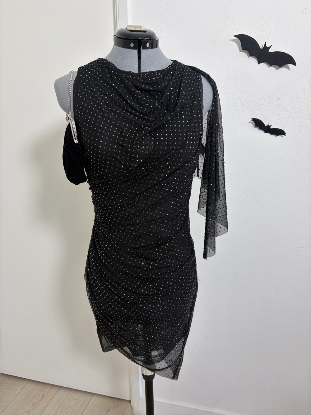 House of CB Rhinestone Black One-Shoulder Draped Cocktail Dress